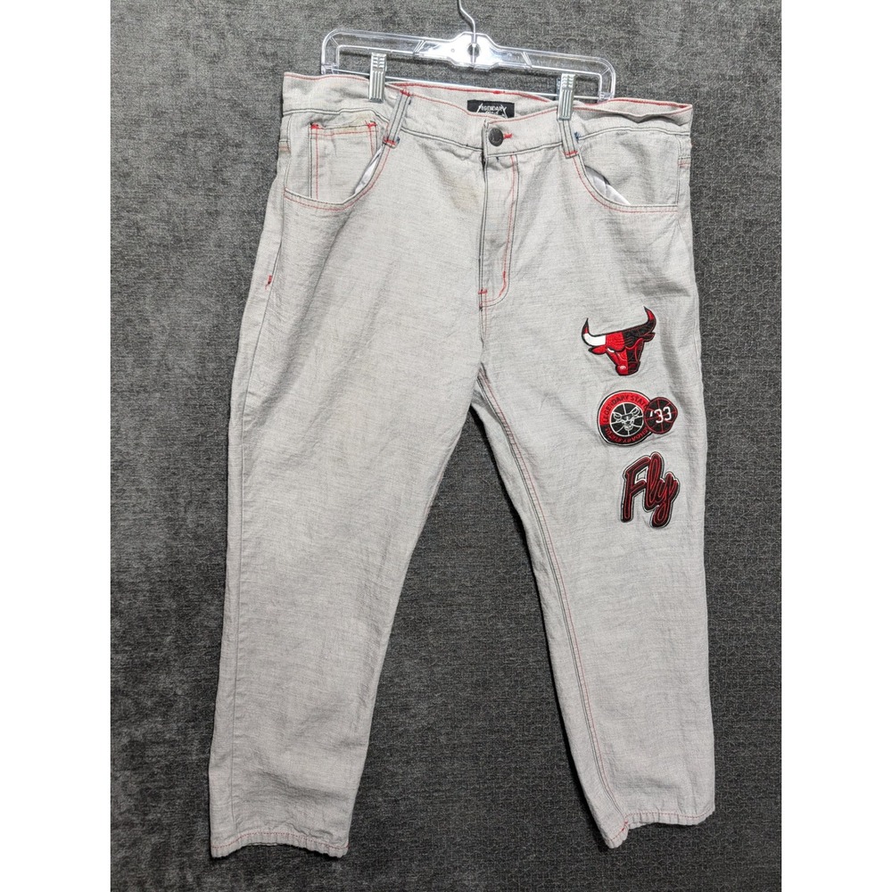 Legendary Status Mens Chicago Bulls Patches Grey Denim Jeans Red Stitching 39x27